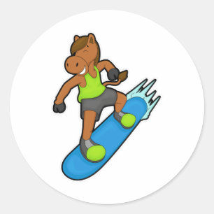 Paarden als Snowboarder met Snowboard Ronde Sticker