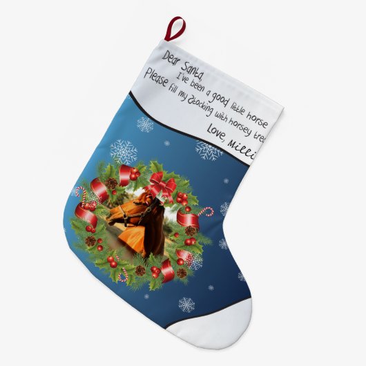 Paarden Beste kerstman UW FOTO-naam Blauwe Ronde L Grote Kerstsok (Voorkant (Hangend))