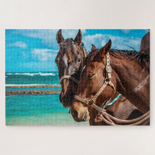 Paarden bij een tropisch strand legpuzzel (Horizontaal)