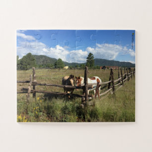 Paarden bij het hek van gespleten rails Foto Legpuzzel