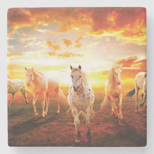 Paarden bij zonsondergang stenen onderzetter (Voorkant)