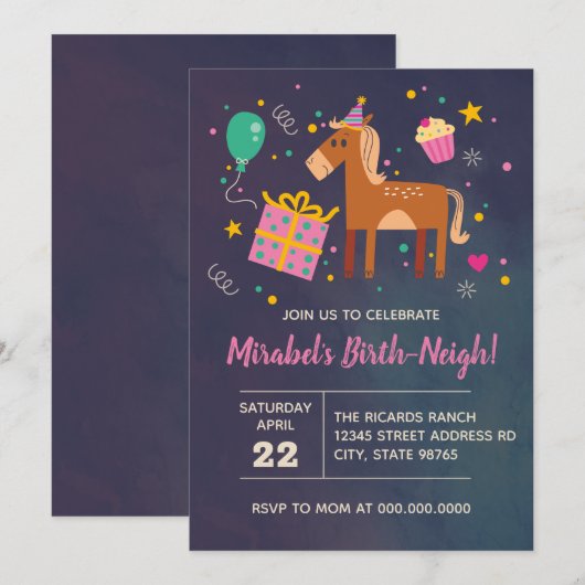 Paarden Birthday Birth-Neigh Invitation any age Kaart (Voorkant / Achterkant)