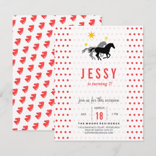 Paarden Birthday Invitations Coral Red Kaart (Voorkant / Achterkant)
