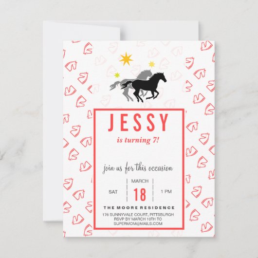 Paarden Birthday Invitations Coral Red Kaart (Voorkant)