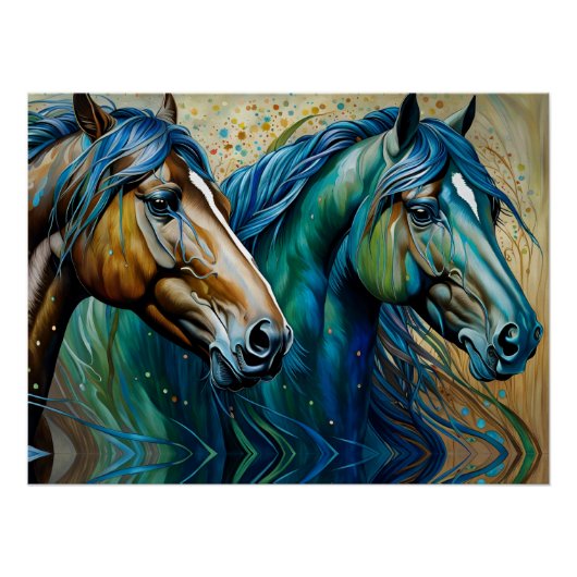 Paarden Blauwgroen blauw groen bruin Perfect Poster (Voorkant)