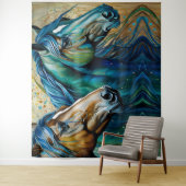 Paarden Blauwgroen blauw groen bruin Wandkleed (In situ)