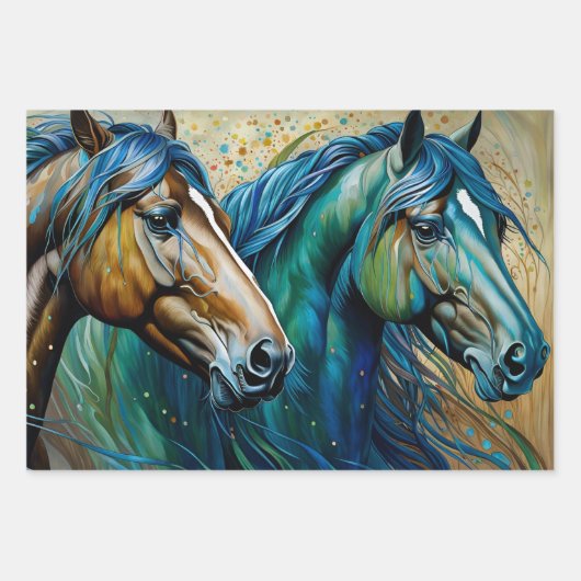 Paarden Blauwgroen, inpakpapier Flat Sheet Set van (Voorkant 2)