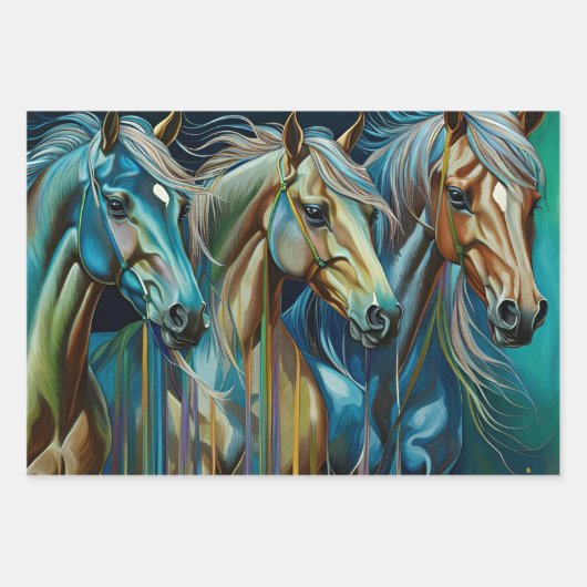 Paarden Blauwgroen, inpakpapier Flat Sheet Set van Vel (Voorkant)