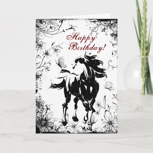 Paarden, bloemen en vlinders Happy Birthday Kaart (Voorkant)