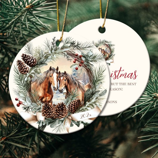 Paarden boerderij dierenkerst pinecone krans keramisch ornament