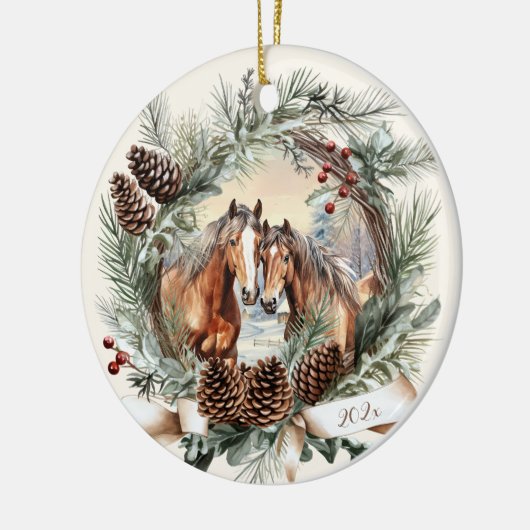 Paarden boerderij dierenkerst pinecone krans keramisch ornament (Links)