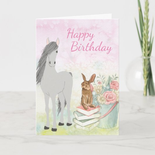  paarden, Bunny, Flowers en Books Birthday Kaart (Voorkant)