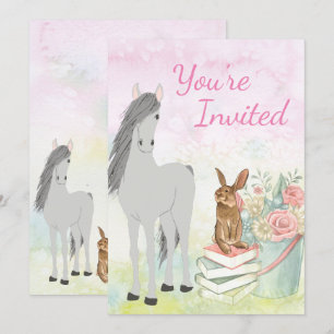  paarden, Bunny, Flowers en Books Birthday Kaart