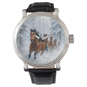 Paarden die door een besneeuwd bos rennen horloge