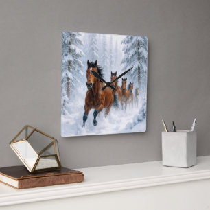 Paarden die door een besneeuwd bos rennen vierkante klok