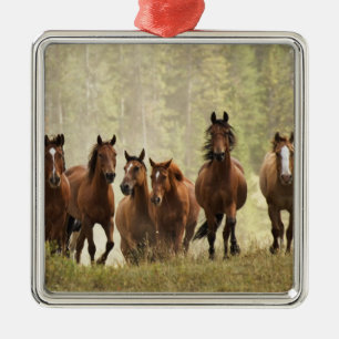 Paarden die een kleine heuvel beklimmen tijdens ee metalen ornament