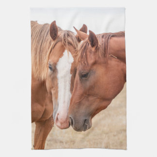 Paarden die elkaar in een wei besnuffelen theedoek