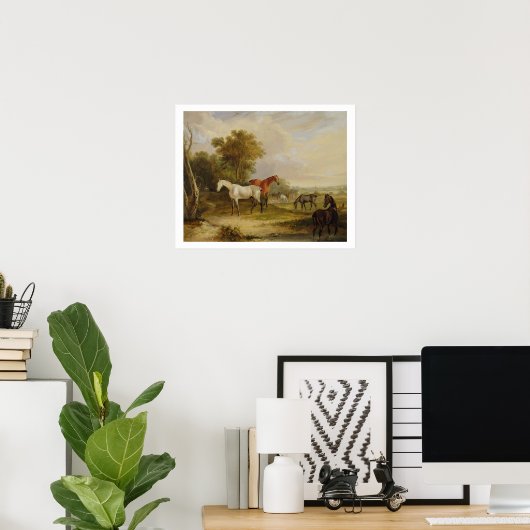 Paarden die grazen: een grijze steenvlek met Mares Poster (Thuiskantoor)