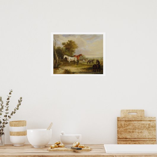 Paarden die grazen: een grijze steenvlek met Mares Poster (Keuken)