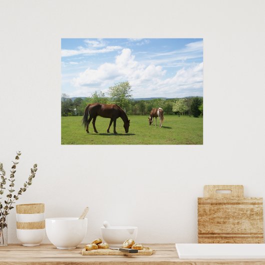 Paarden die grazen op Fields Beauful Sky Poster (Keuken)