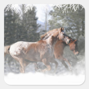 Paarden die in de sneeuwkerst lopen vierkante sticker