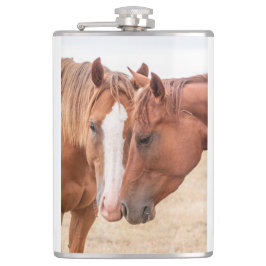 Paarden die in een weiland snuiven heupfles