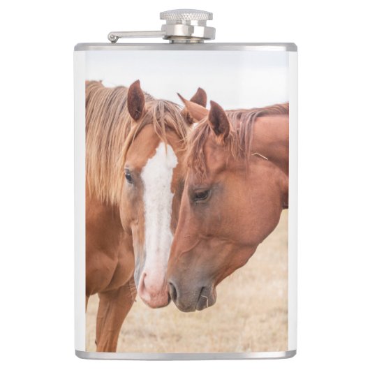 Paarden die in een weiland snuiven heupfles (Voorkant)