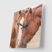 Paarden die in een weiland snuiven vierkante klok (Hoek)