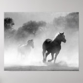 Paarden die lopen in de mist zwart-wit poster (Voorkant)
