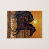 Paarden die op de oceaanzonsondergang lopen legpuzzel (Horizontaal)