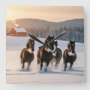 Paarden die op een winterochtend galopperen - vierkante klok