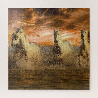 Paarden die op strand lopen op Sunset Puzzle Legpuzzel