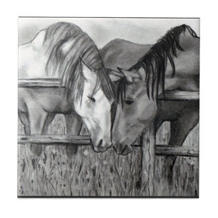 Paarden die zich afmaken: Potlood Drawing, realism Tegeltje
