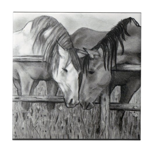Paarden die zich afmaken: Potlood Drawing, realism Tegeltje (Voorkant)