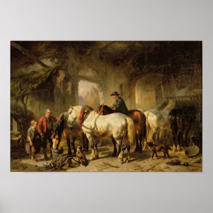 Paarden die zich voeden in de Stabiel Poster