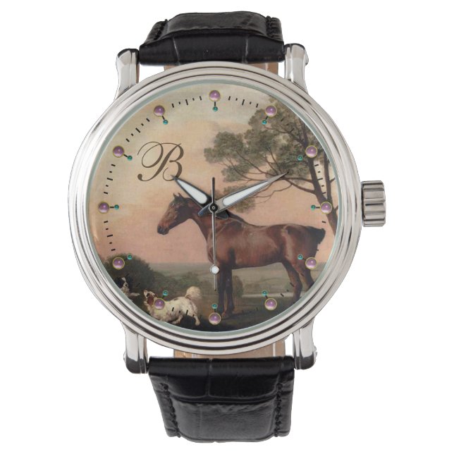 PAARDEN / Een baai jager met twee spaniels monogra Horloge (Voorkant)