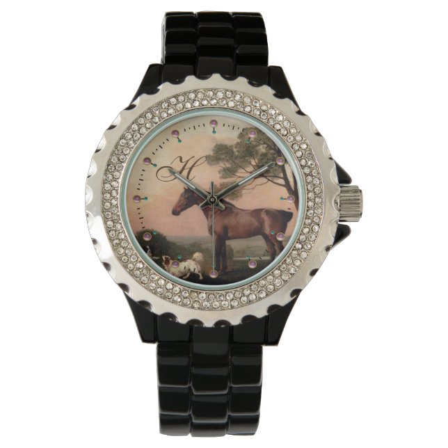 PAARDEN / Een baai jager met twee spaniels monogra Horloge (Voorkant)