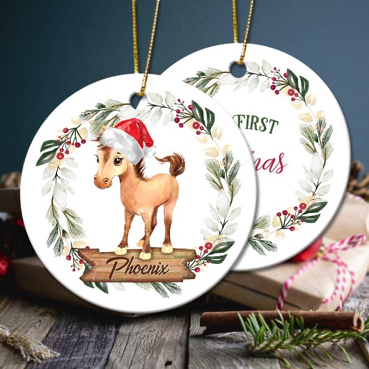 Paarden eerste kerstvierkant met keramisch Ornamen Keramisch Ornament