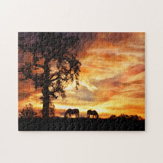 Paarden eikenboom en bruine zonnebank legpuzzel (Horizontaal)