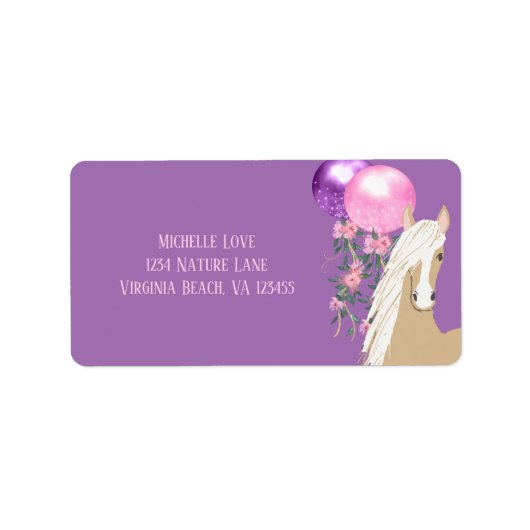  paarden en ballonnen op Paars adres Etiket (Voorkant)