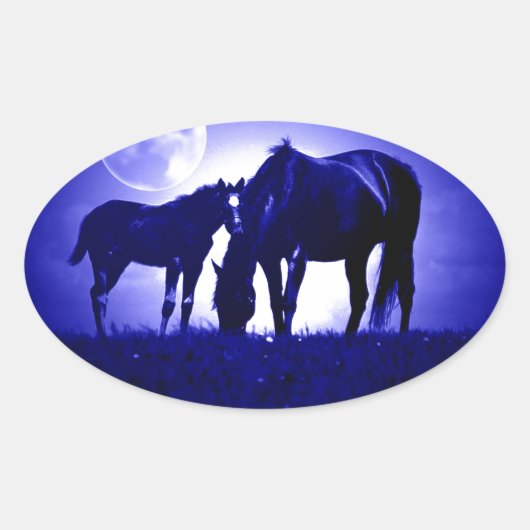 Paarden en blauwe nacht ovale sticker (Voorkant)