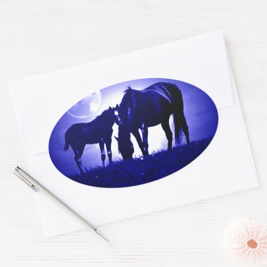 Paarden en blauwe nacht ovale sticker (Envelop)