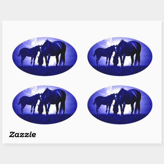 Paarden en blauwe nacht ovale sticker (Vel)