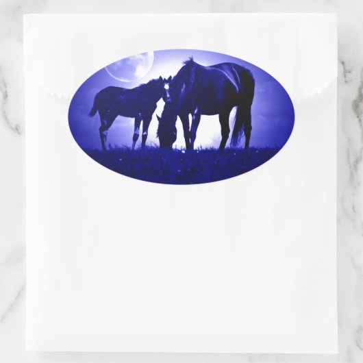 Paarden en blauwe nacht ovale sticker (Tas)