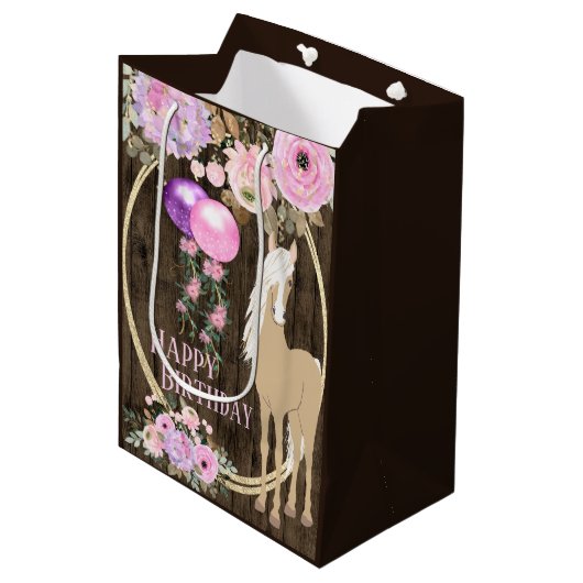  paarden en bloemen op Barnwood Birthday Medium Cadeauzakje (Voorkant Gekanteld)