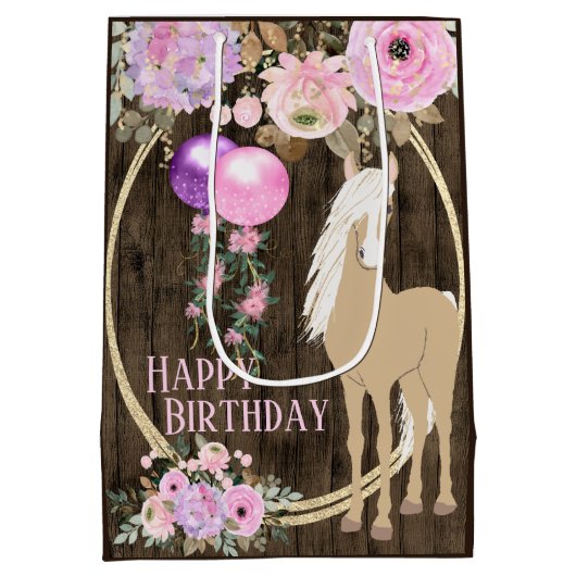  paarden en bloemen op Barnwood Birthday Medium Cadeauzakje (Achterkant)
