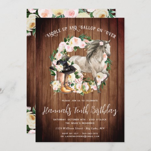  paarden en bloemen op Rustic Wood Birthday Kaart (Voorkant / Achterkant)