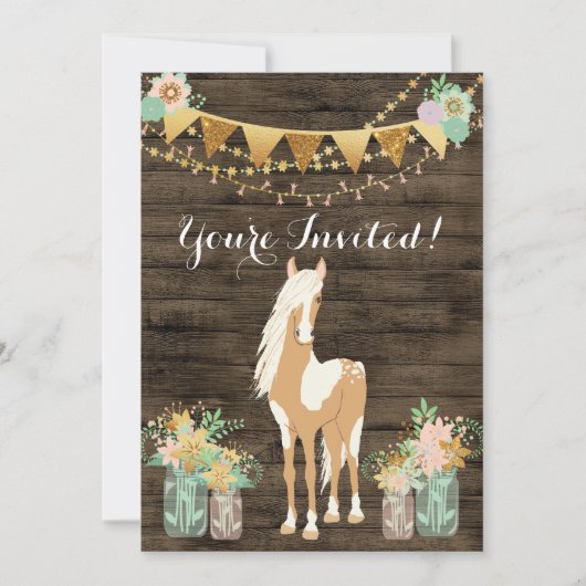  paarden en bloemen op Rustic Wood Birthday Kaart (Voorkant)