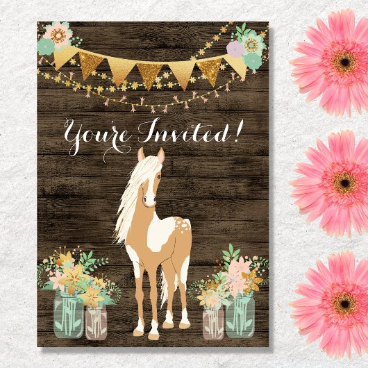 paarden en bloemen op Rustic Wood Birthday Kaart