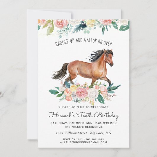 paarden en bloemen op Rustic Wood Birthday Kaart (Voorkant)